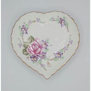 Lefton China Pink Rose Heart Shaped Trinket/Candy Dish Hand Painted Scalloped Ed